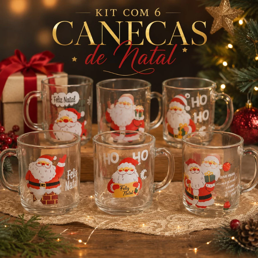 Kit 6 Canecas de Vidro Natalinas 250ml Estampadas Feliz Natal Presente de Natal Decoração Papai Noel — imagem 1