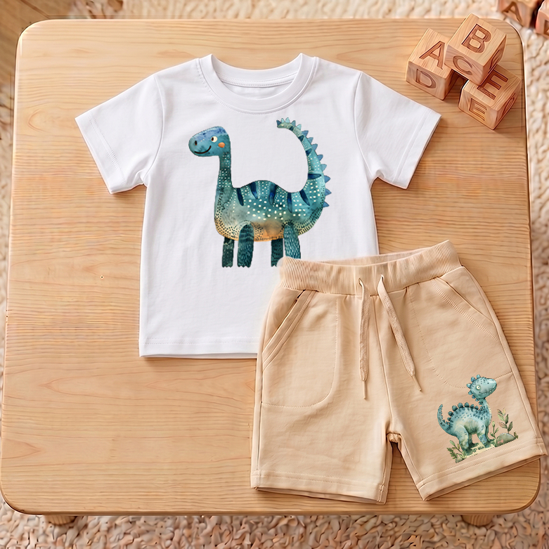 Conjunto infantil - Dinossauro Azul - camiseta manga curta e bermuda - 100% Algodão