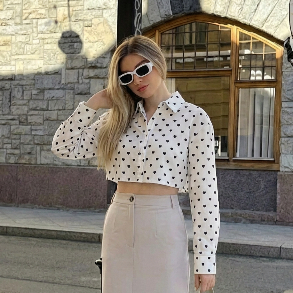 Blusa Feminina Camisa Social Cropped Coração Feminina Manga Longa