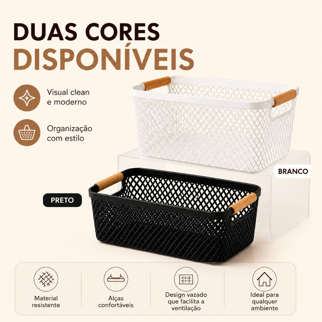 Cesto Organizador Multiuso com Alça de Bambu – Preto ou Branco | Tamanhos M e G | Organizador para Cozinha, Banheiro