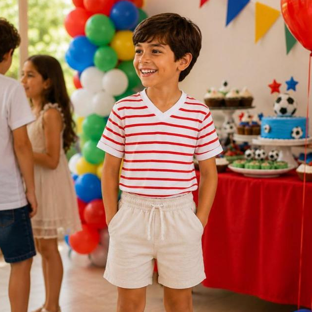 Conjunto Infantil Masculino Casual Camiseta Listrada Gola V + Bermuda Linho