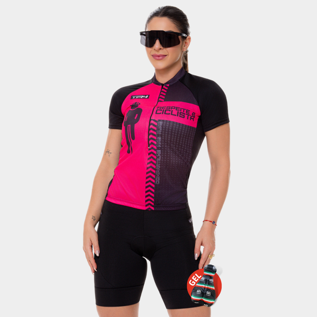 Conjunto de Ciclismo Feminino Camisa Respeite a Ciclista Pro e Bermuda Espuma