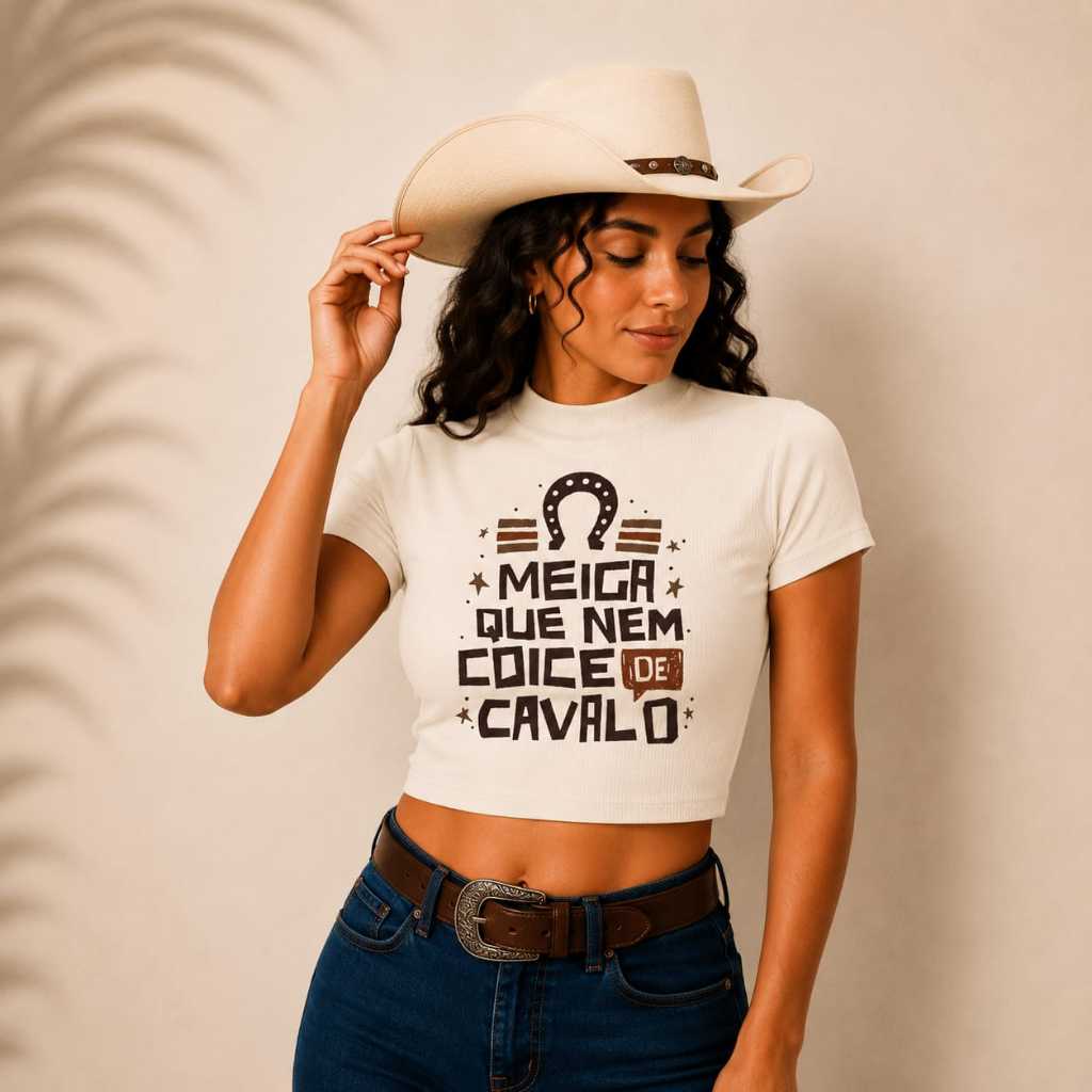 Blusa Cropped Feminina Canelada Premium Algodão com Elastano Gola Alta Manga Curta Country Moda Feminina Festa de Peão