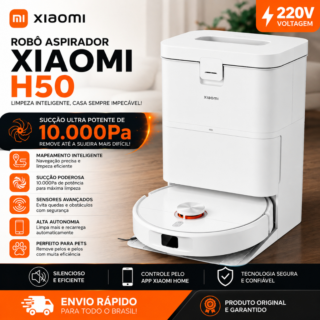 Robô Aspirador Xiaomi H50 220V 10.000PA - Aspirador com Esfregão - Você com tempo e sua casa limpa