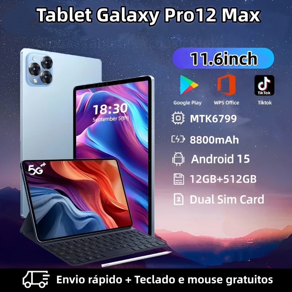 [Pagamento parcelado] Tablet Galaxy Pro12 Max 11,6 polegadas, 16 GB + 512 GB, 8.800 mAh – Tablet para entretenimento