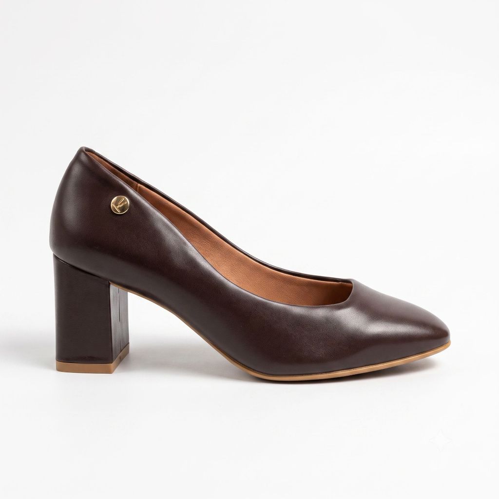 Sapato Vizzano Feminino Marrom Café Salto Grosso Médio Bico Quadrado Social Elegante Confortável Casual Trabalho 1373101