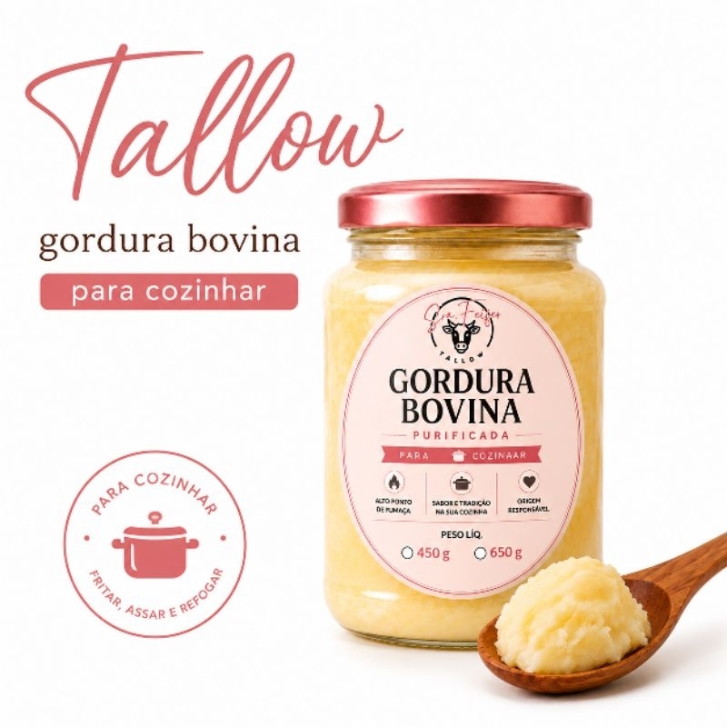 Gordura Bovina Purificada (Banha Bovina) Tallow 450g 650g | Sem Sal | Para Fritar e Cozinhar