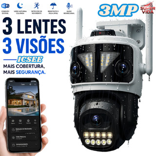 Camera De Seguranca Wifi Externa Lente Tripla 3MP ICSEE Visao Noturna Colorida Com Alarme Giro 350