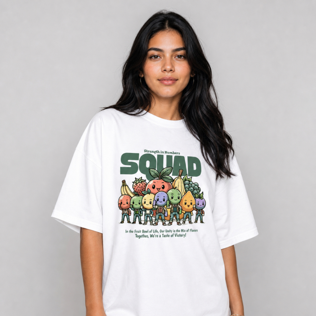 Camiseta Unissex de Algodão, Corte Ombro Caído Estampa Personagens de Frutas Cartoon