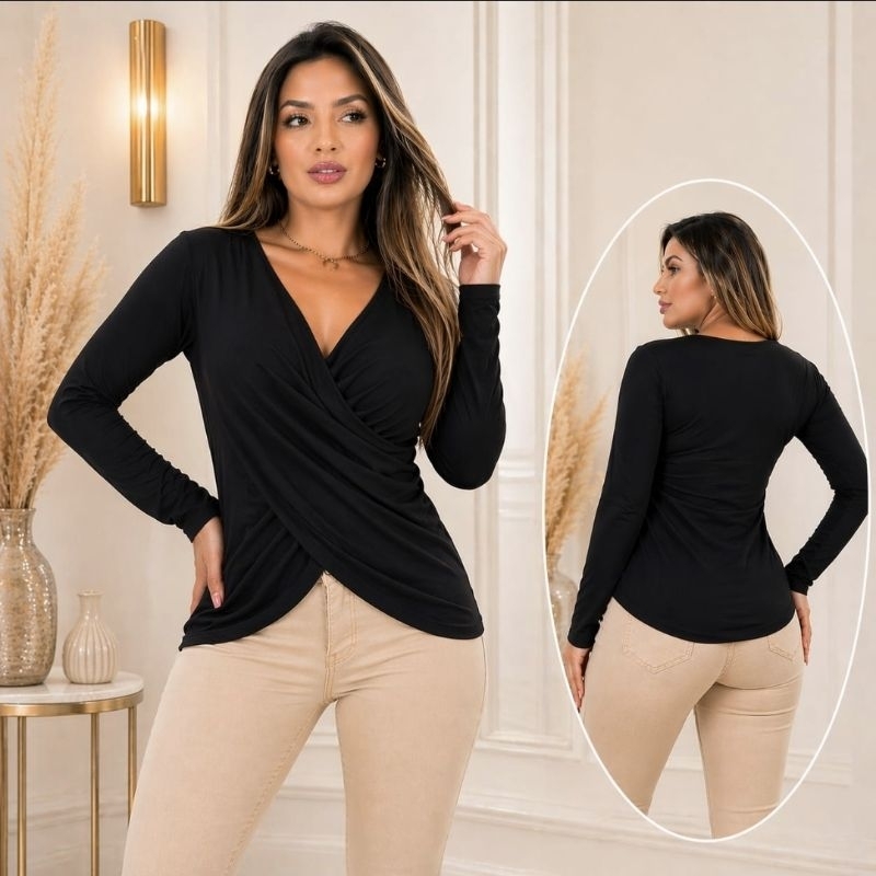 Blusa Feminina Transpassada Manga Longa Elegante Diversas Cores Envio Imediato Roupa Feminina Super Confortável