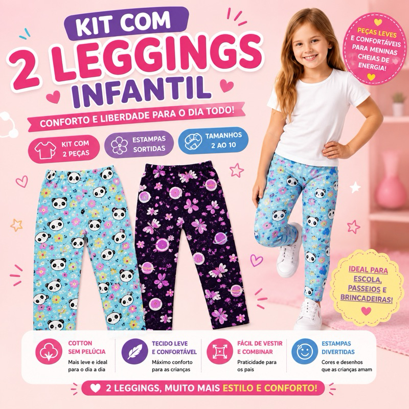 Kit 2 Calças Legging Sortida Cotton Sem Pelúcia Estampada Feminina Infantil Calça Cotton