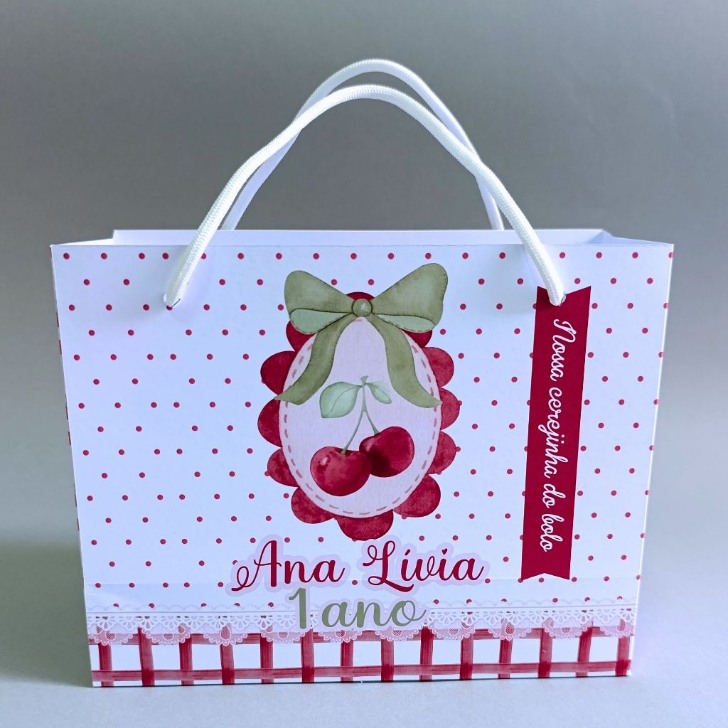 Sacolinha Personalizada Cerejinha | Lembrancinha Festa Infantil | Sacola Tema Cereja Aniversário + Brinde Forminhas