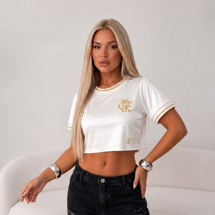 Cropped Flamengo Feminino Original Licenciado Camisa CRF Off White Manga Curta Casual Torcedora