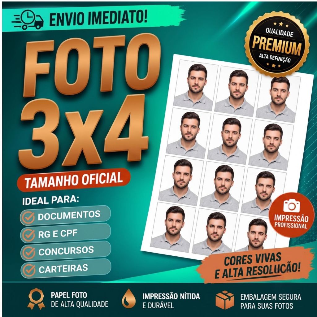 Imagem Foto 3x4 para Documentos | Impressão Premium em Papel Fotográfico | RG CNH Passaporte Concurso | Envio Rápido