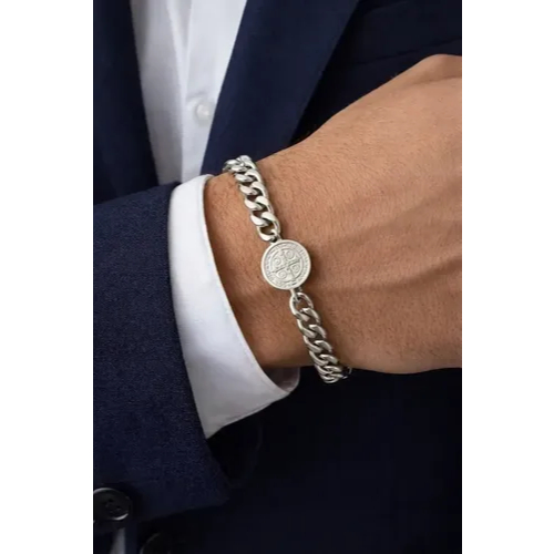 Pulseira Masculina São Bento Prata Aço Inoxidável Corrente Grumet Medalha Religiosa Proteção — imagem 2 de 2