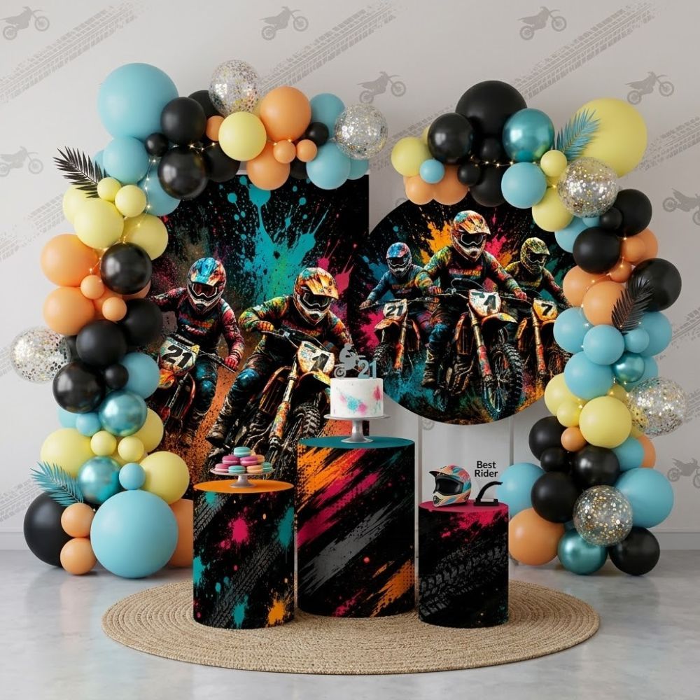 Capa Decorativa Festa Motocross Moto Cross Painel Redondo Trio Cilindros Menino Sublimado Bibi Painéis