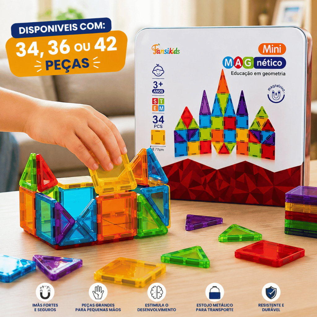 Bloco Magnético Imã Contrução Infantil Brinquedo STEM Educativo Peças de Montar Estojo Metal 34-36-42 ou 56 peças
