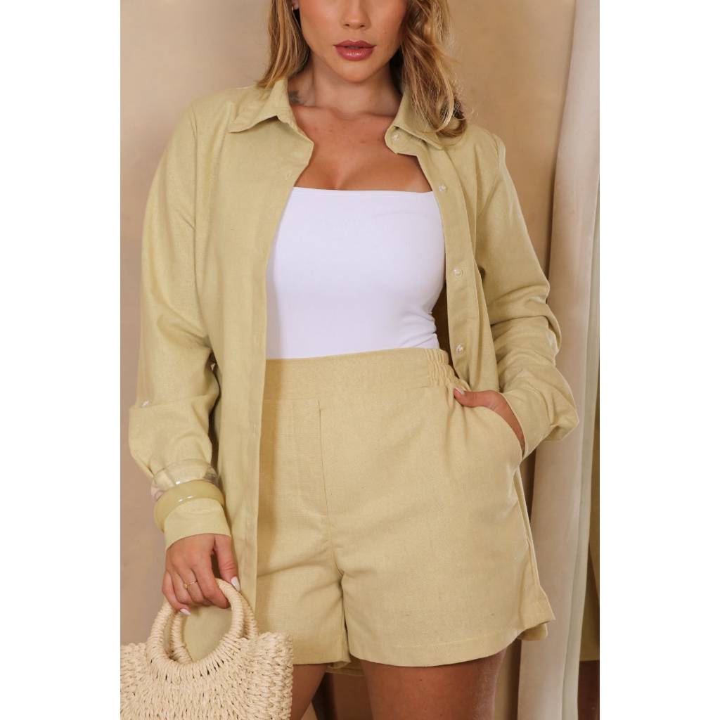 Camisa Feminina Social Linho Estruturada Manga Longa Versátil Premium Casual