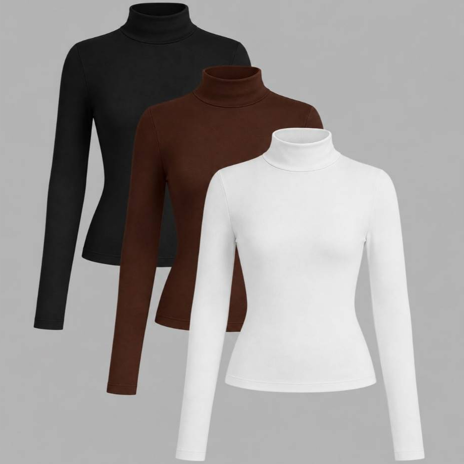 KIT 3 Blusas Feminina Manga Longa Cacharrel Confortável Básico Gola Alta
