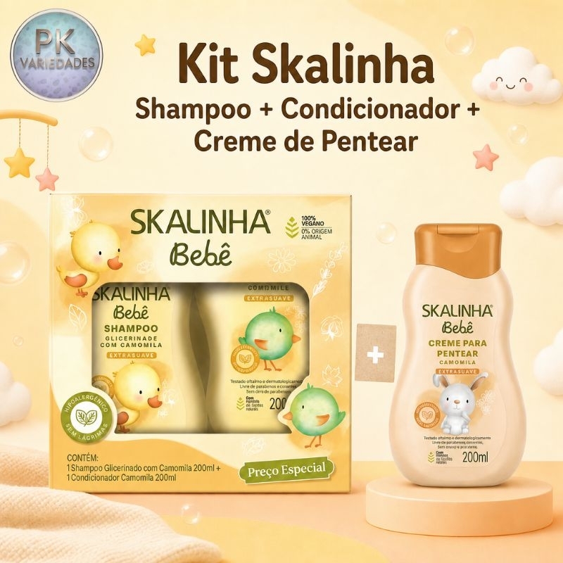 KIT 3 ITENS SHAMPOO 200ML, CONDICIONADOR 200ML, CREME DE PENTEAR 200ML CAMOMILA SKALINHA