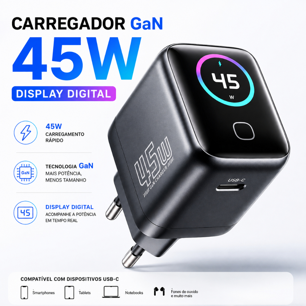 Carregador GaN 45W com Display Digital, Carregamento Super Rápido USB-C, Fonte T