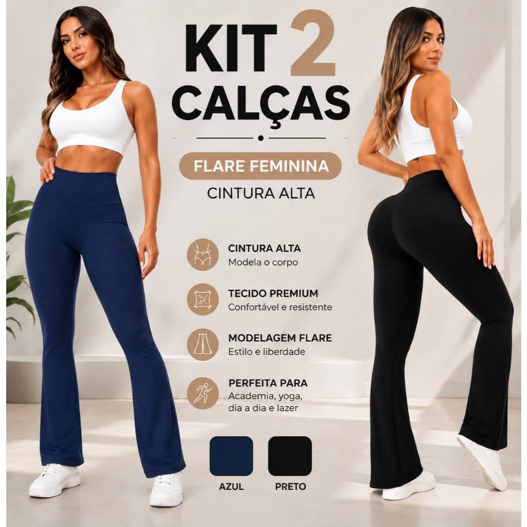 Kit 2 Calça Bailarina Legging Flare Reta Feminina Cintura Alta Sem Transparência Academia Fitness