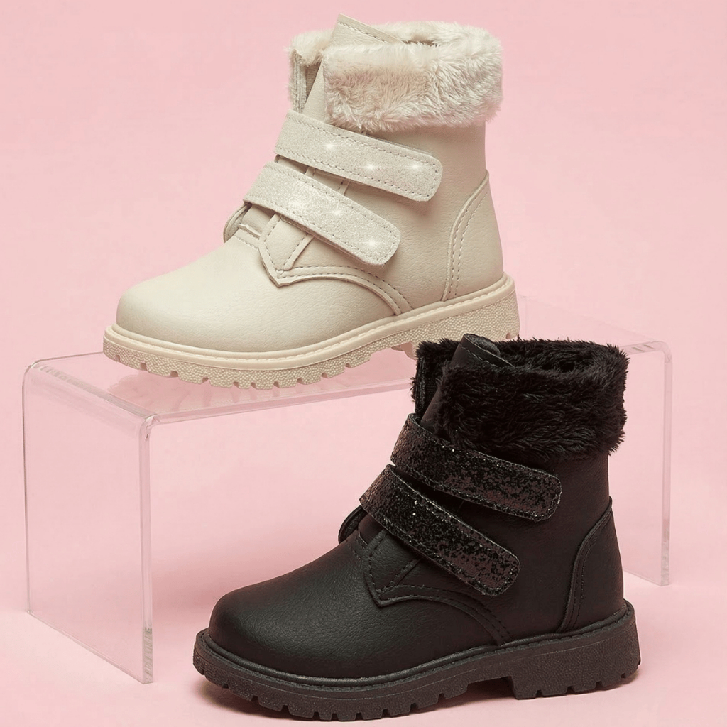 Bota Infantil Menina Coturno Tamanho 22 ao 27 Off-White e Preta Glitter Inverno Sapekitos