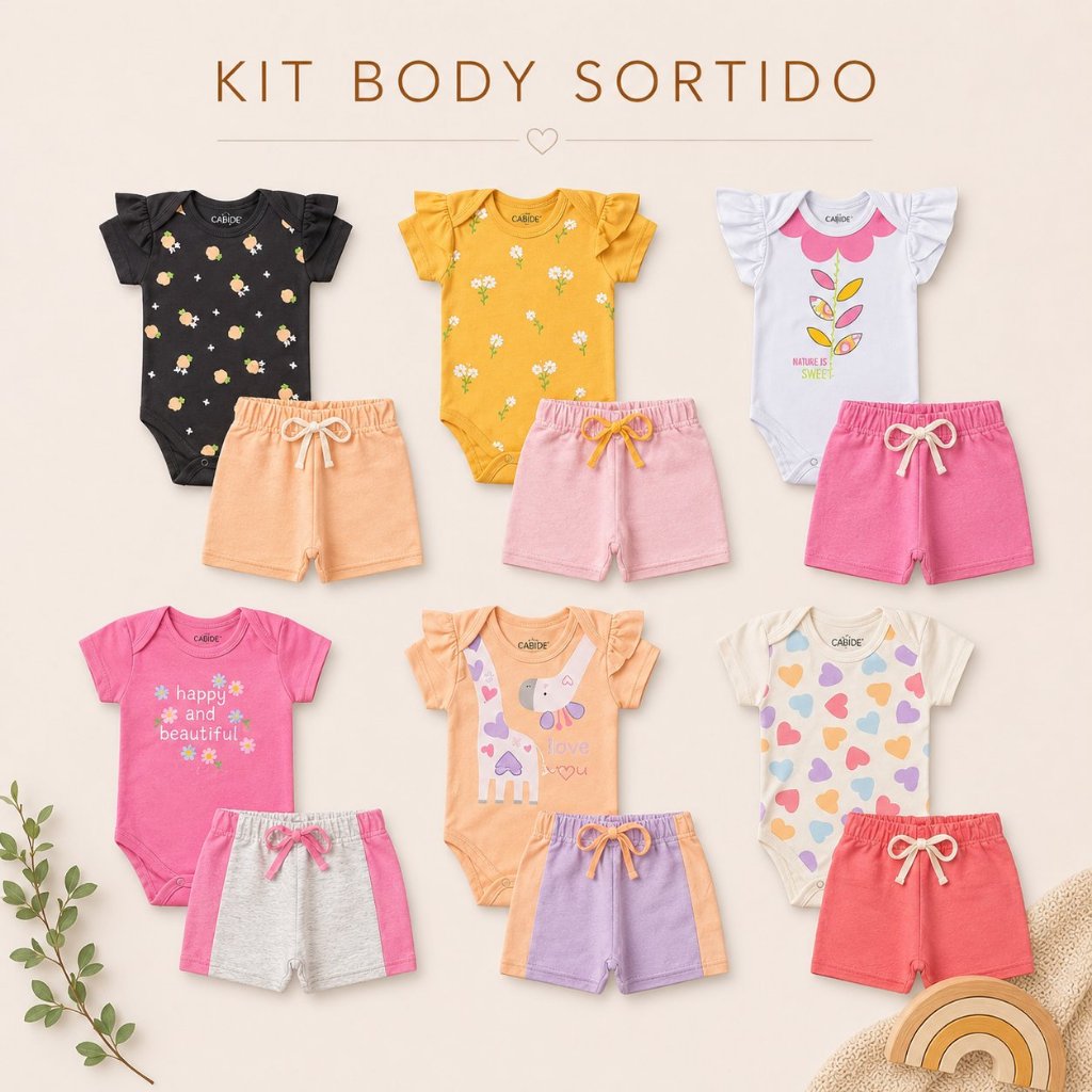 KIT 3 BODY SORTIDO MENINA 6 PEÇAS DE ROUPA PARA BEBE 3 BODYS 3 BERMUDAS