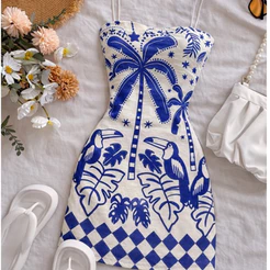 Vestido Tropical Feminino Coqueiros e Tucanos Ajustado ao Corpo