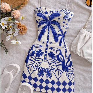 Vestido Tropical Feminino Coqueiros e Tucanos Ajustado ao Corpo