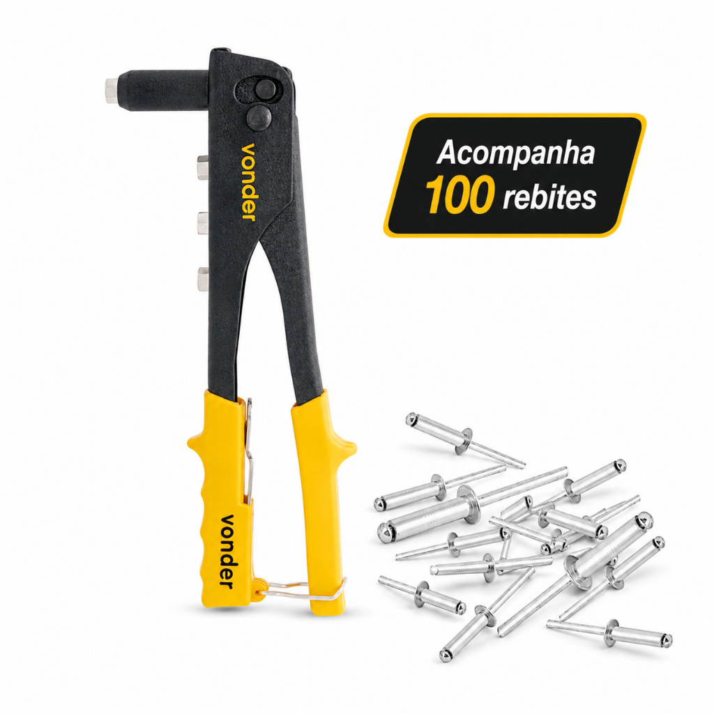 Kit Rebitador Manual Vonder com 100 Rebites 2,4x10mm para Chapas Alumínio e Meta