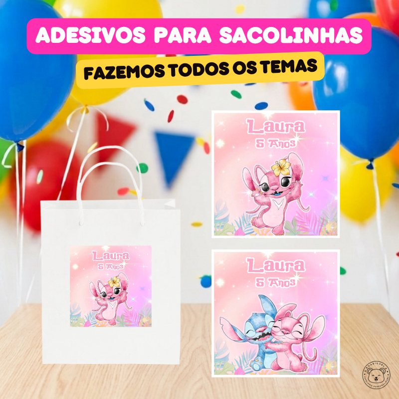 ENVIO RÁPIDO Adesivo Rótulo Personalizado para Sacolinha Stitch e Angel | Aniversário, Festa, Lembrancinhas, Mimos