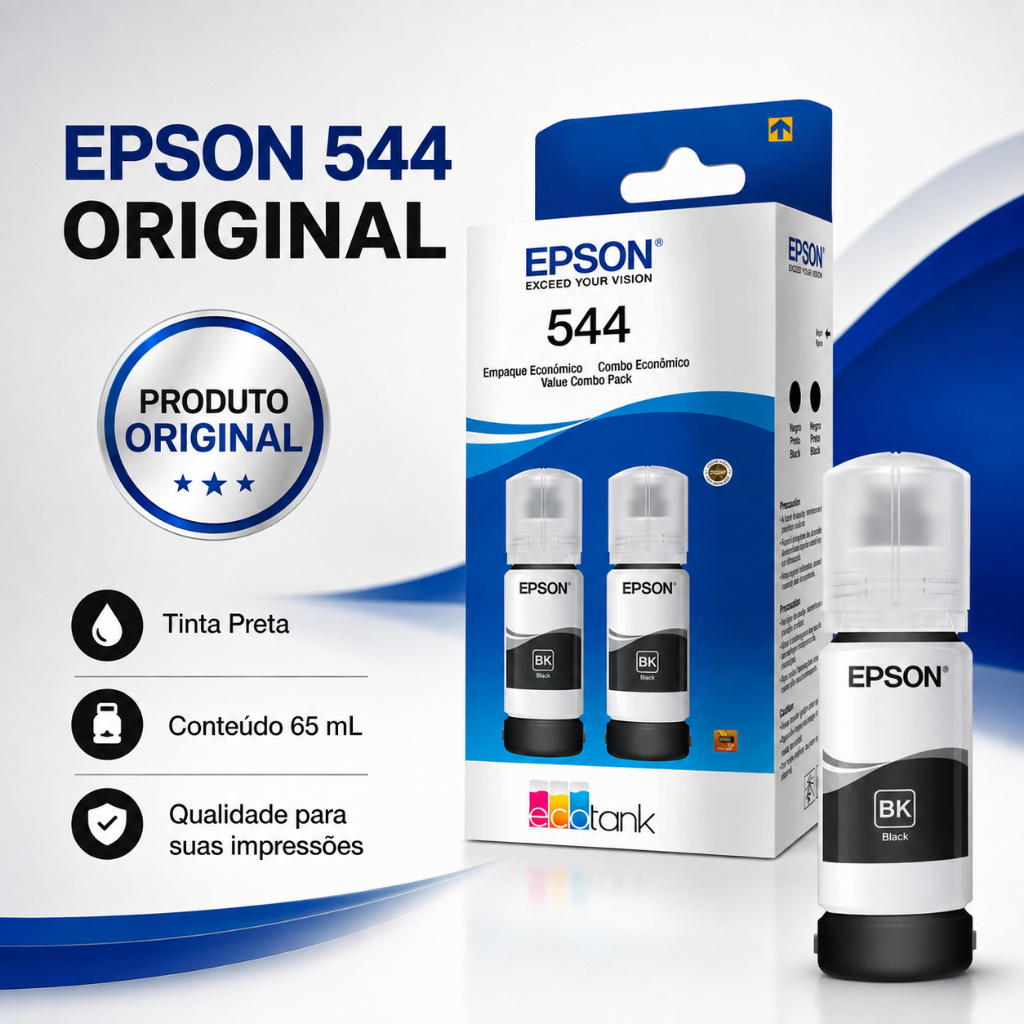 Kit 2 Garrafas Tinta Epson 544 Preto EcoTank L5190 L3150 L3110 Impressora Original Alta Performance