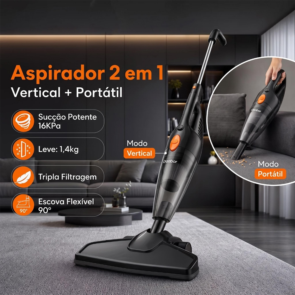 Gaabor Aspirador 2 em 1 127V 1000W 16000Pa Sucção Forte Com Haste Dust Off Portá