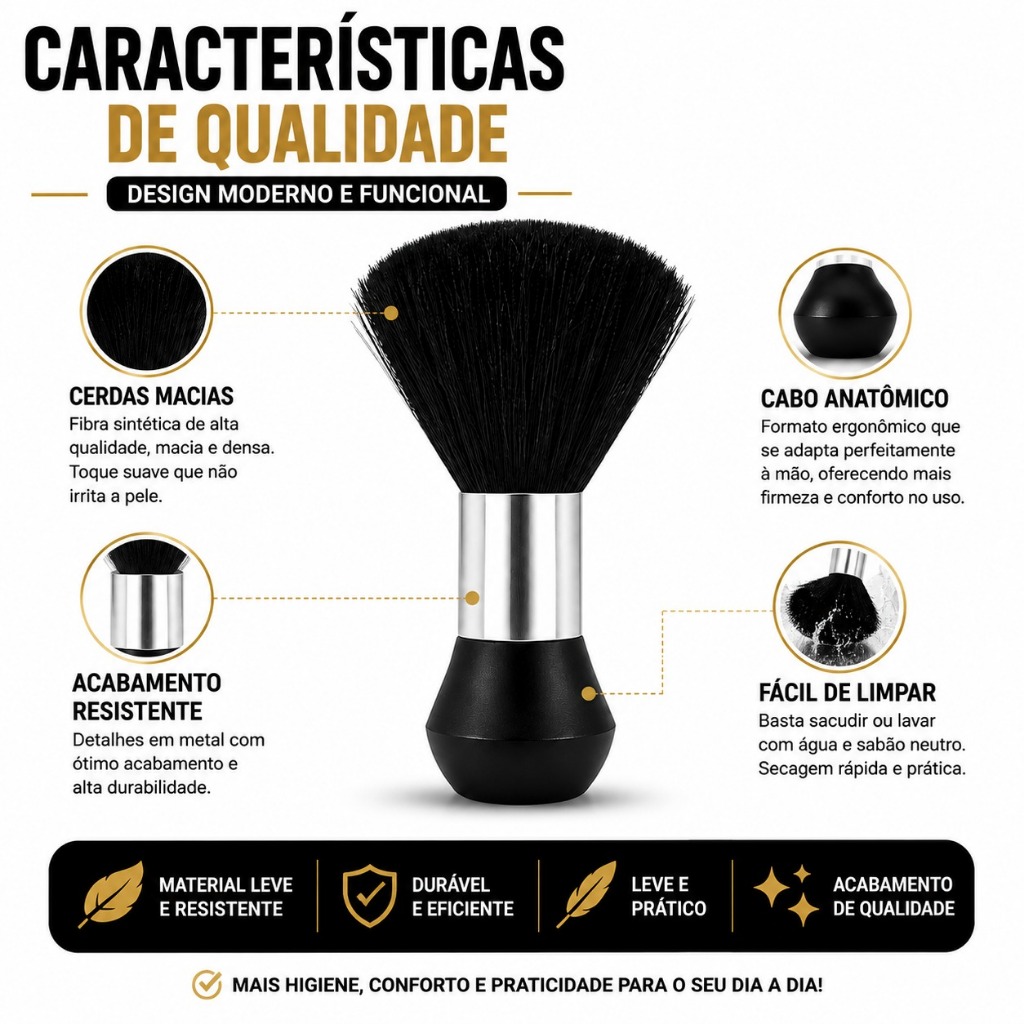 Espanador de Cabelo Preto Barbeiro Salão Escova Removedora de Pelos e Cabelos Cerdas Macias