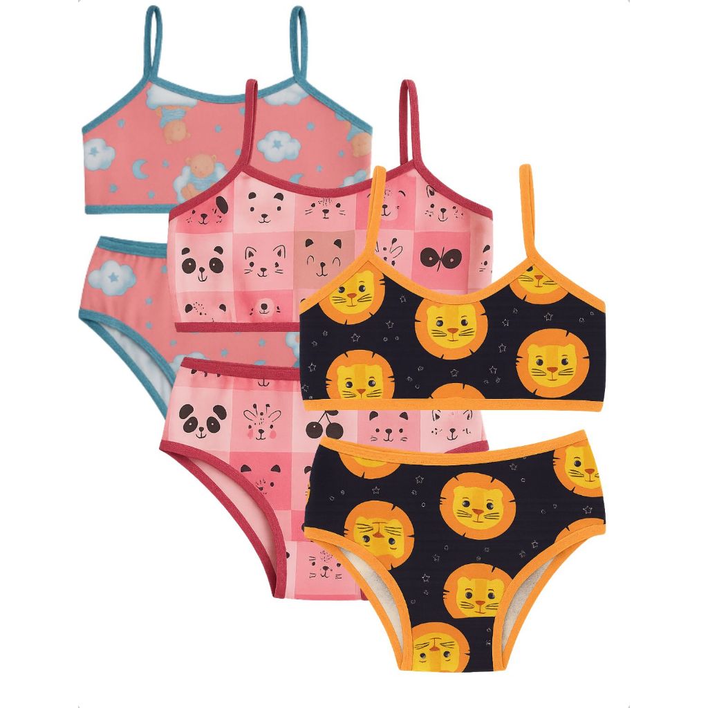 Kit 4 Conjunto Calcinha Sutiã Infantil Sem Bojo Suede Microfibra Estampada Confortável Menina