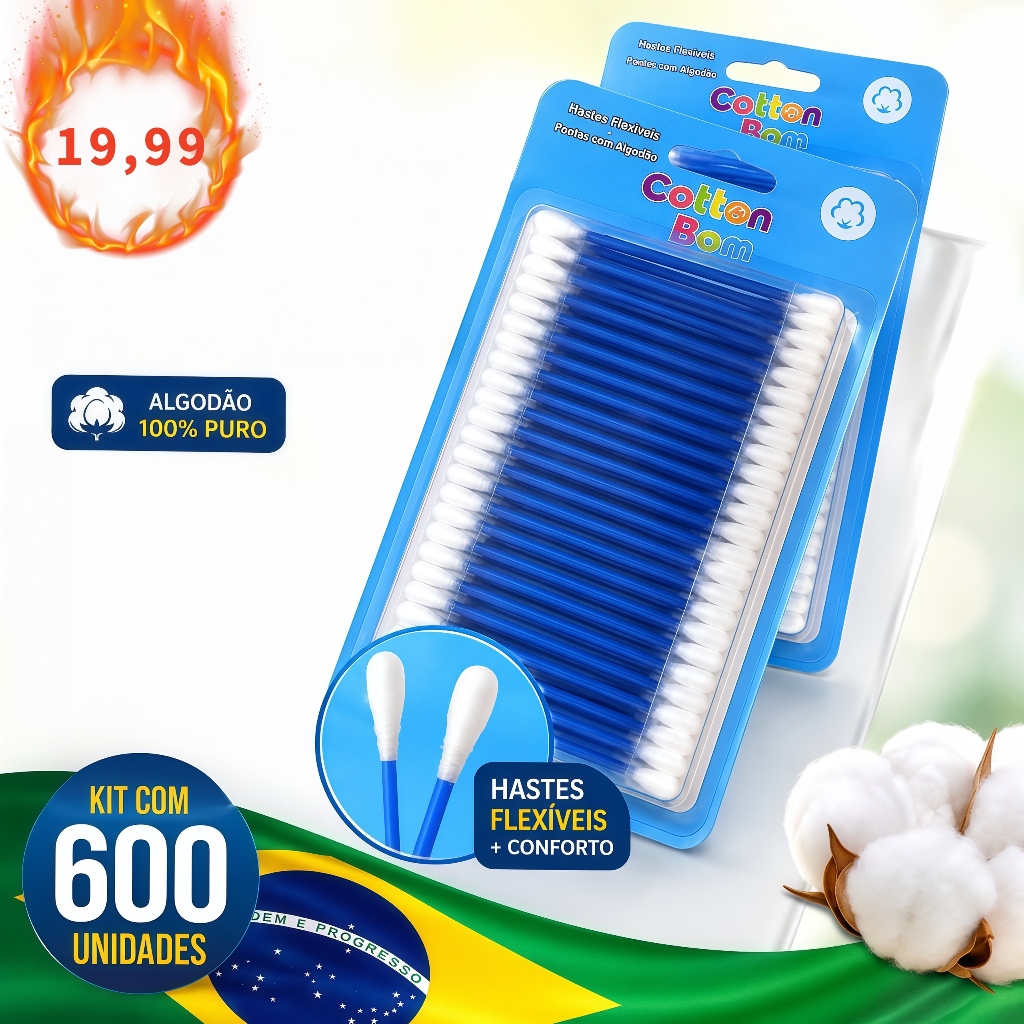 Kit 600 Unidades Cotonete de Algodão Macio com Haste Flexível para Higiene e Limpeza
