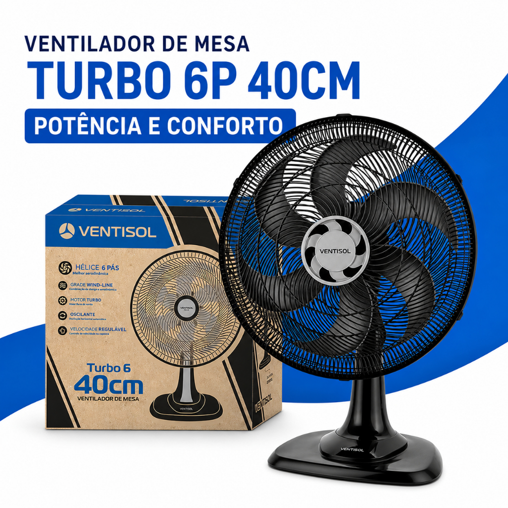 Ventilador de Mesa/Bancada Ventisol Turbo 40cm 220v 6 Pás Oscilante Silencioso Potente Preto