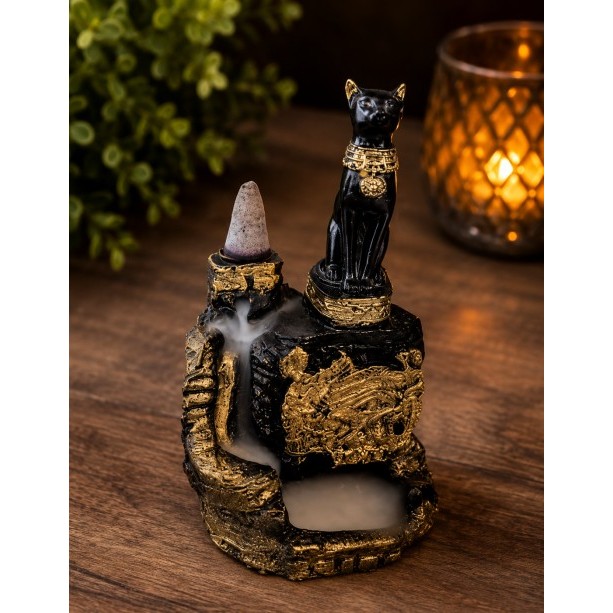 Imagem Deusa Bastet Incensário Porta Incenso Cascata 13 cm - Decoração Mística Egípcia Felino