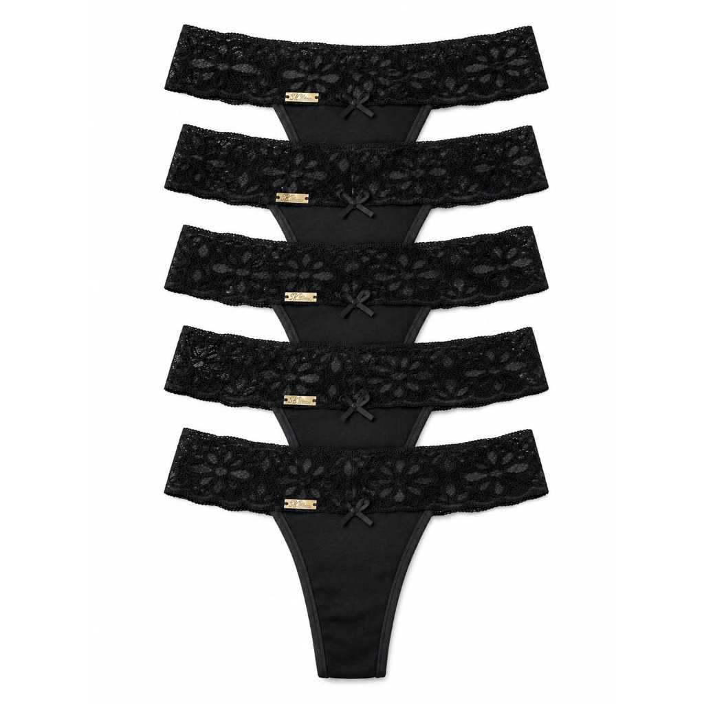5 Calcinha Feminina Laís Biquíni Algodão Com Renda Preta