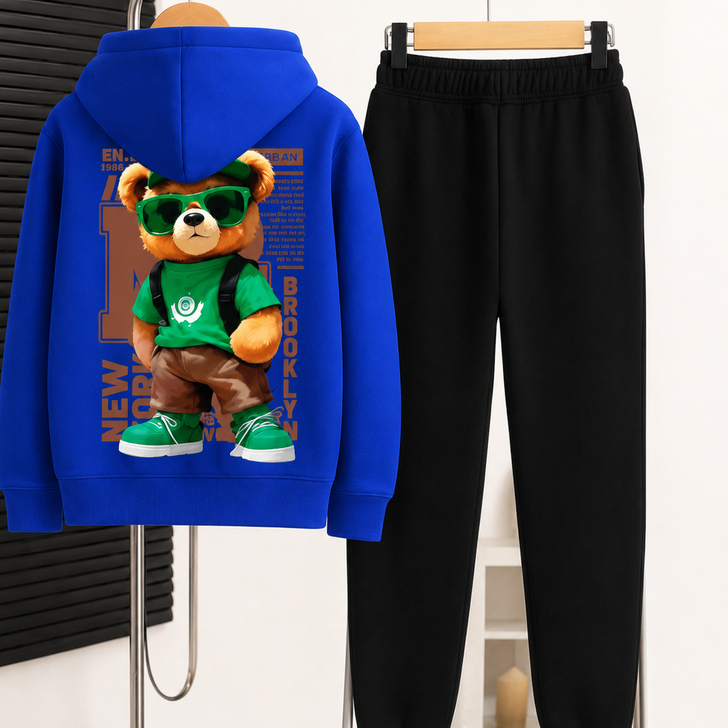 Conjunto Moletom Infantil Algodão Blusa de Frio Canguru Calça Blusao Premium Com Capuz Urso Cartoon