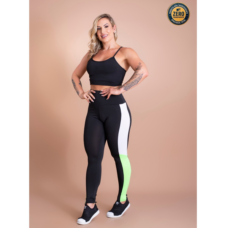 Conjunto Fitness Feminino Calça Legging Detalhe Lateral E Top Cropped Alça Moda Academia ZERO TRANSPARÊNCIA