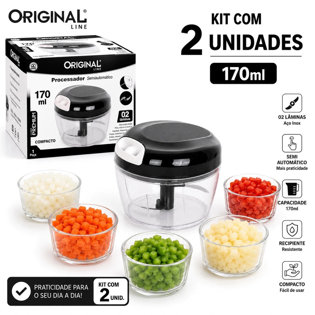 Processador de alimentos manual 3 Lâminas aço Inox 170ml Triturador de alho -ORIGINAL LINE
