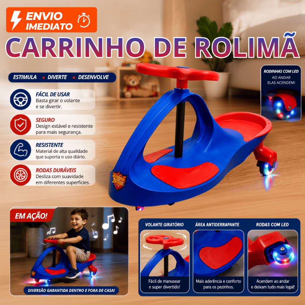 Carrinho de Rolimã Infantil Gira Gira Car com Volante 360º Graus Azul e Vermelho Meninos e Meninas
