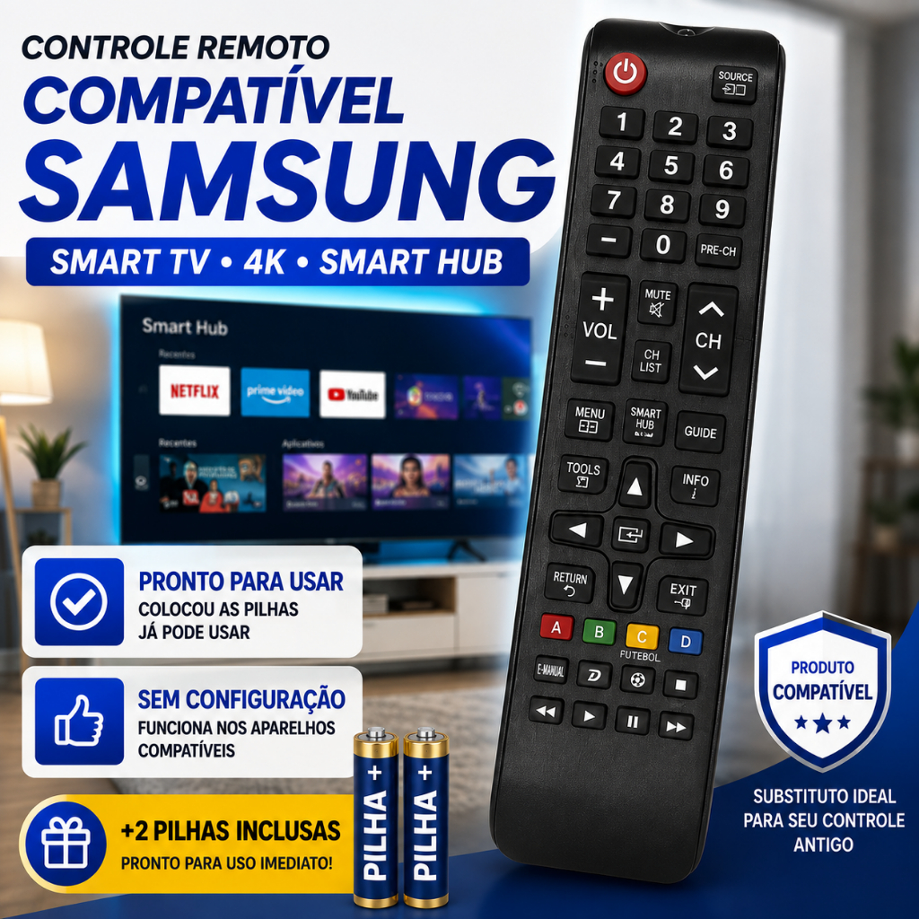 Controle Remoto Compatível Samsung Smart TV 4K Smart Hub LE-7028 FBG-7036 SKY-8008 + Pilhas