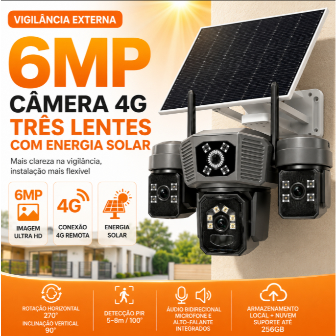 Câmera de Segurança 4G Solar 6MP com 3 Lentes, IP66, Bateria 8000mAh, Painel Solar 5W, Rastreamento Humano