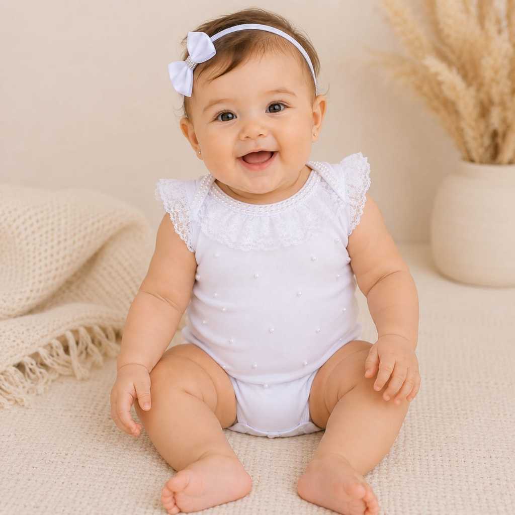 Body de Bebê Regata Com Renda Saída de Maternidade Infantil Menina Personalizado Bordado Luxuoso