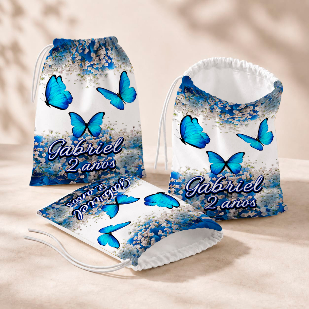 20 Sacolinhas Personalizada Festa Infantil 18x26 Aniversário Lembrancinha Borboleta Azul Jardim Encantado