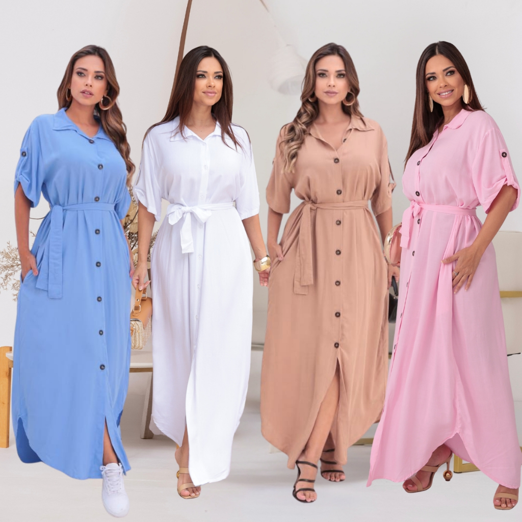 Vestido Longo  Chemise Feminino Evangelico Botões Cinto Fenda  Soltinho  Confortável com Bolso