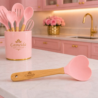 Espátula/Colher de Silicone Tamanho Grande 27cm Formato Coração - Cabo de Madeira - Rosa